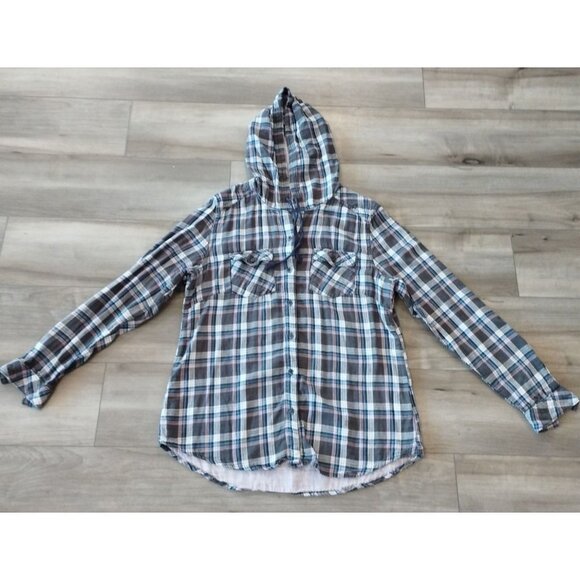 Boston Traders Womens Blue and Purple Plaid Button Down Shirt Jacket Hooded Shac - Picture 7 of 12